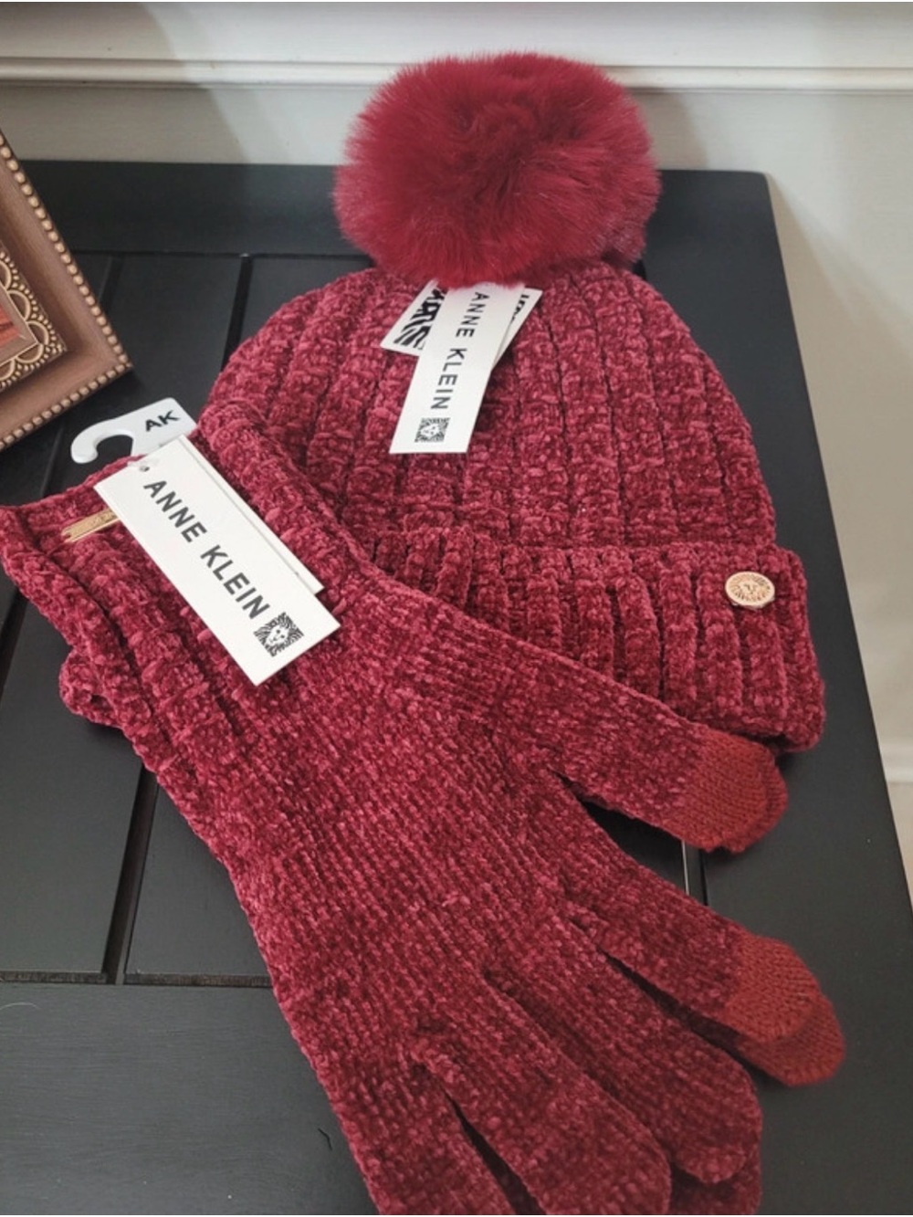 Anne Klein Burgundy Knit Pom-Pom Beanie with Matching Gloves